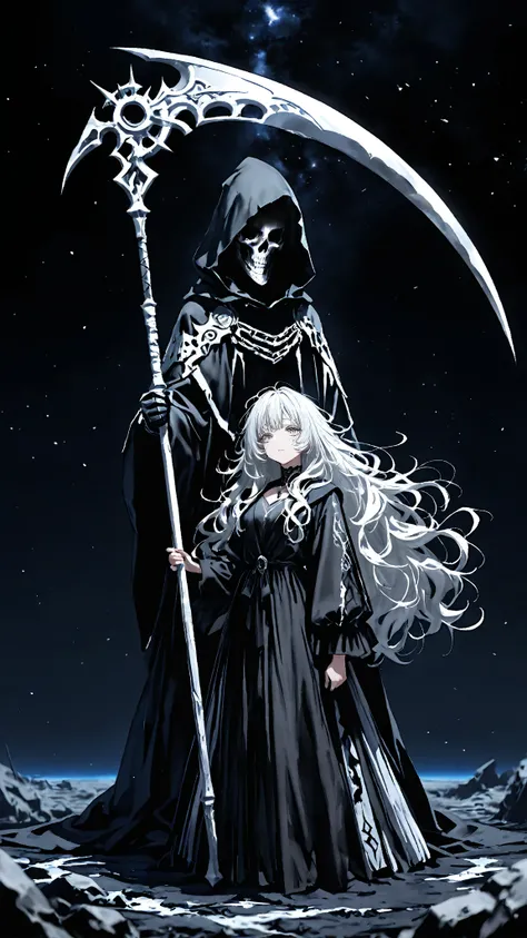  high quality， long silvery hair，Messy Hair，
 Half Closed Grey Eyes ，silver hair lashes，
 1 girl，
Dark Space，
Hand holding a large grim reaper's scythe，
large black robe，
