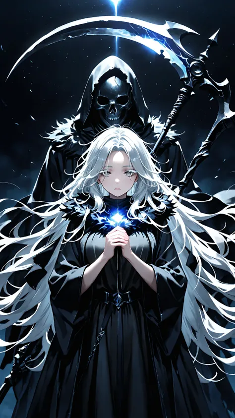  high quality， long silvery hair，Messy Hair，
 Half Closed Grey Eyes ，silver hair lashes，
 1 girl，
Dark Space，
Hand holding a large grim reaper's scythe，
large black robe，
