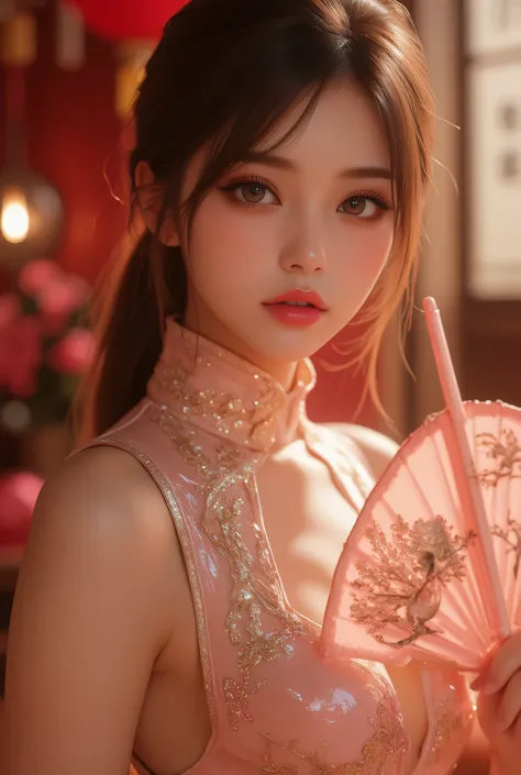 Cat ears、 face up, attractive, pretty girl, ponytail、 (( fine facial features , eroticism)), dramatic lighting , realistic , 8k, Dramatic Shadows , intricate and elaborate patterns , super detailed photo , chiaroscuro lighting , Pleasant colors , deep cont...