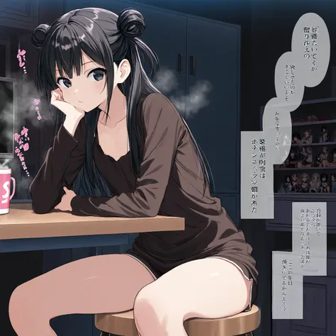 score_9, score_8_superior, score_7_superior, ,girl(flat chest, , thighs, sit on stool, steam, cheek rest on hand , black hair, twin hair buns, ), cabinet, desk, Suspicious store, dark background,, cowboy shot, , Adult Manga , Comic Style