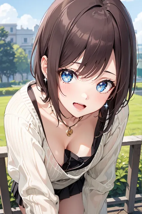    best image quality,  smile,   cleavage, , open your mouth slightly,  miniskirt, big breasts,Alluring, chest opened using HDR, bumpy chest , see-through,Translucent with light, has big eyes,Blue eyes, shopping,parfait,garden, has sparkling eyes, Glitter ...