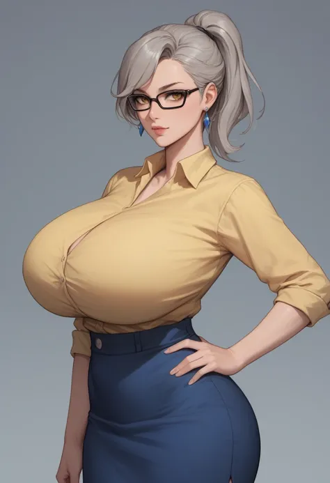 Score_9_up, score_8_up, score_7_up, solo, 1girl, mrsjonessn, grey hair, jewelry, glasses, yellow shirt, blue skirt, earrings, ponytail, hands on hip, huge breasts, Expressive,