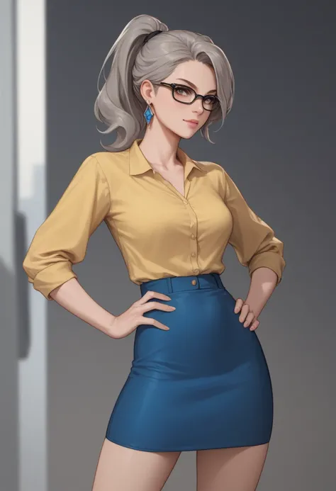 Score_9_up, score_8_up, score_7_up, solo, 1girl, mrsjonessn, grey hair, jewelry, glasses, yellow shirt, blue skirt, earrings, ponytail, hands on hip, medium breasts, Expressive,