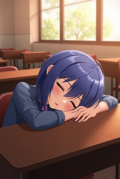 Xenovia Quarta from high school DxD sitting sleeping in a classroom in the afternoon