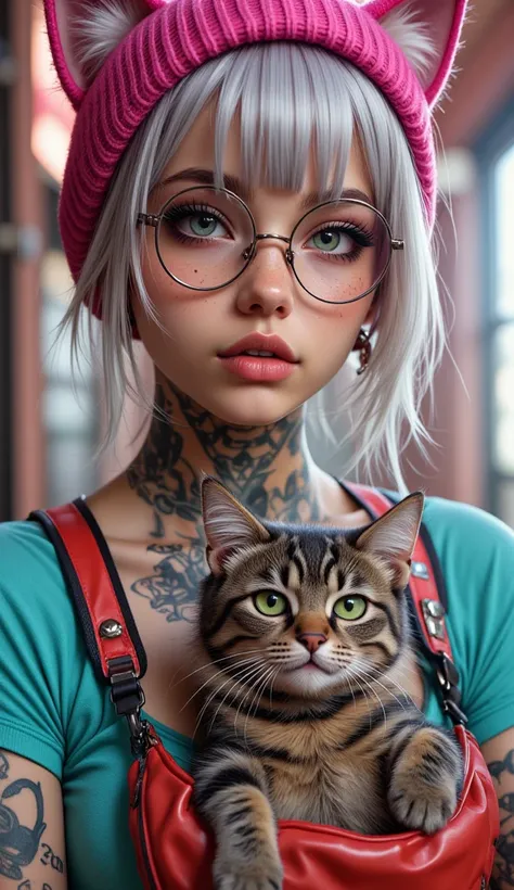 A girl with ash-white hair, 20 years old, of European appearance, with expressive features and noticeable freckles.  She's wearing a stylized fuchsia beanie hat with cat ears. Large steampunk glasses are worn on top of the hat. Incredibly beautiful almond-...