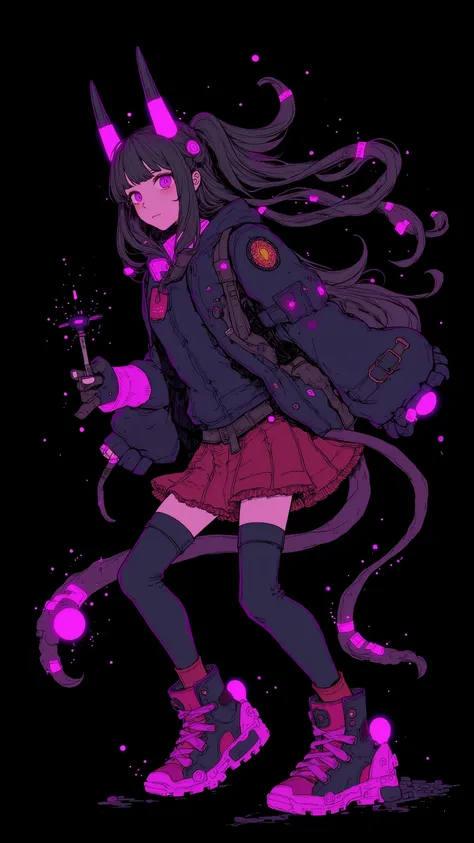   1 girl in uniform ,  twin tails on legs,Horn,Limited palette ,   black background ,  colorful ,  lively,Glowing Contours, neon ,  black light  , in any pose , dynamic,   action