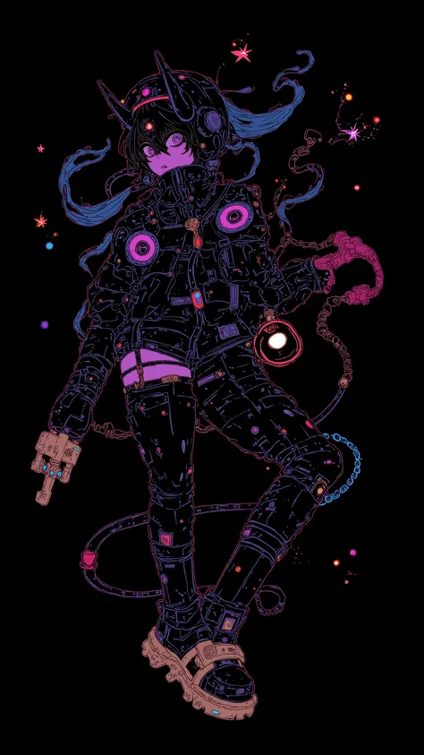   1 girl in uniform ,  twin tails on legs,Horn,Limited palette ,   black background ,  colorful ,  lively,Glowing Contours, neon ,  black light  , in any pose , dynamic,   action