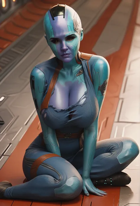 score_9, score_8_up, score_7_up, score_6_up, score_5_up, score_4_up, 1girl, NebulaG, ripped bodysuit, sexy pose, black eyes, exposed shoulder, sitting on the floor, in a spaceship,  huge breasts 