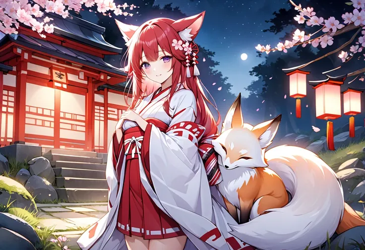 The Embrace of a Shrine Maiden and a Demon Fox, Create a serene watercolor image featuring a gentle night scene at a traditional shrine, The scene showcases a joyful miko (Shinto shrine maiden) hugging a mystical fox spirit (Fox) under the moonlight, The m...