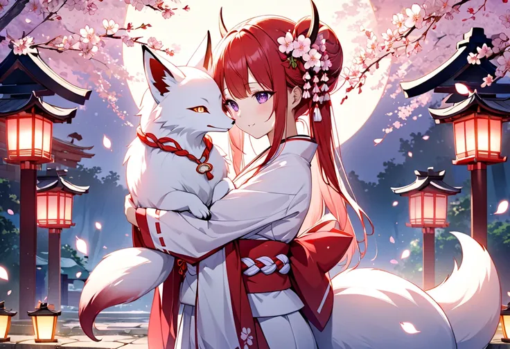 The Embrace of a Shrine Maiden and a Demon Fox, Create a serene watercolor image featuring a gentle night scene at a traditional shrine, The scene showcases a joyful miko (Shinto shrine maiden) hugging a mystical fox spirit (Fox) under the moonlight, The m...