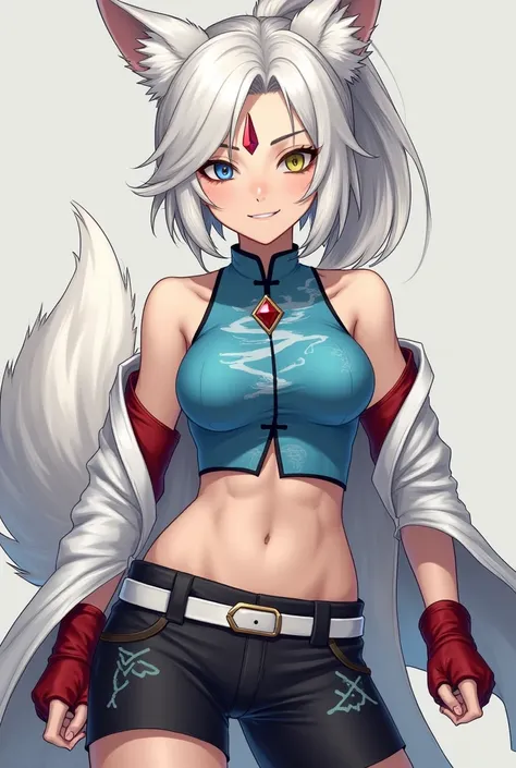 Adult woman, older woman, mature, fantasy, short white hair, long ponytail, wild hair, parted bangs, blue eye, yellow eye, white fox ears, white wolf tail, diamond shaped jewel in forehead, backless blue chinese shirt, design on shirt, white belt, black sh...