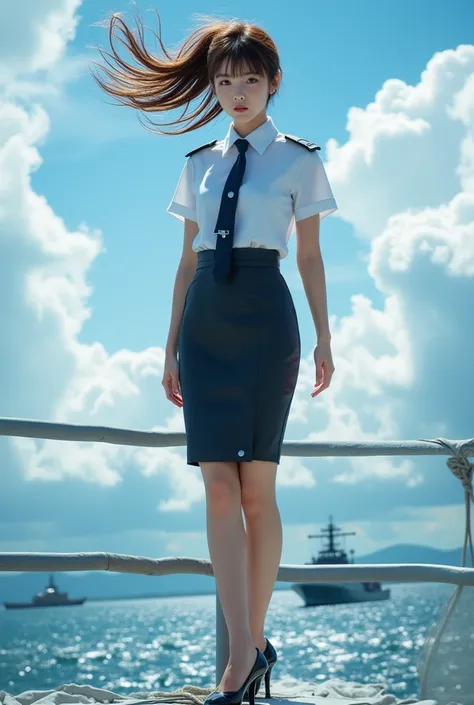 Sexy beautiful Japanese woman, a self defense officer uniform, wearing a white short-sleeved shirts, navy blue tie, navy blue pencil skirt, Black patent high heels, beautiful hip-line, Beautiful thighs, a woman is in a watchtower set up near the top of the...