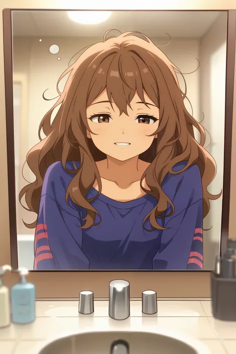 Masterpiece, Best Quality, UHD, Light Smile, 1girl, solo, Brown Hair, Wavy Hair, Hazel Eyes, Anime Style, Victoria justice brushing her teeth, Depth Of Field, slim body, bathroom, mirror pov, sleepy face