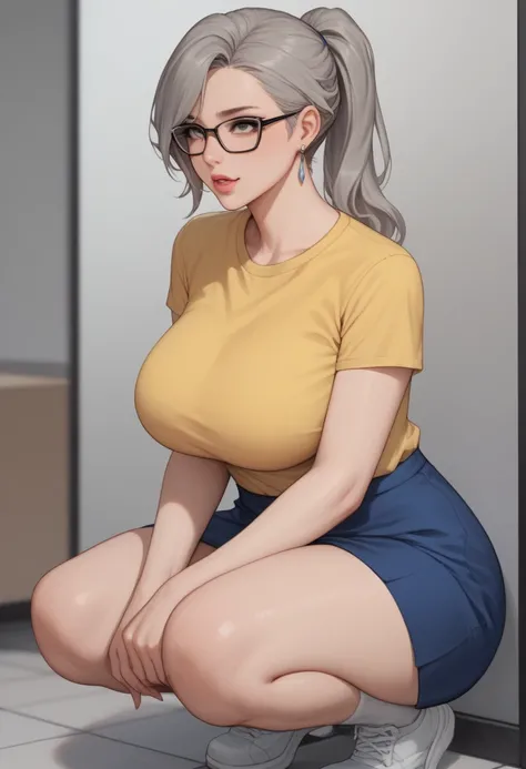 Score_9_up, score_8_up, score_7_up, solo, 1girl, mrsjonessn, grey hair, jewelry, glasses, yellow shirt, blue skirt, earrings, ponytail, big breasts, Expressive, squat,