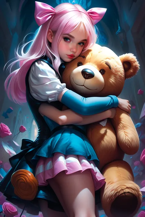 arafed image of a girl hugging a giant teddy bear, annie from league of legends, alice in wonderland cyberpunk, artgerm and rossdraws, alice x. zhang, artgerm and greg rutkowski, artgerm and and greg rutkowski, gothic art, monstergirl, artgerm and james je...