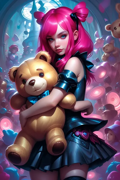 arafed image of a girl hugging a giant teddy bear, annie from league of legends, alice in wonderland cyberpunk, artgerm and rossdraws, alice x. zhang, artgerm and greg rutkowski, artgerm and and greg rutkowski, gothic art, monstergirl, artgerm and james je...