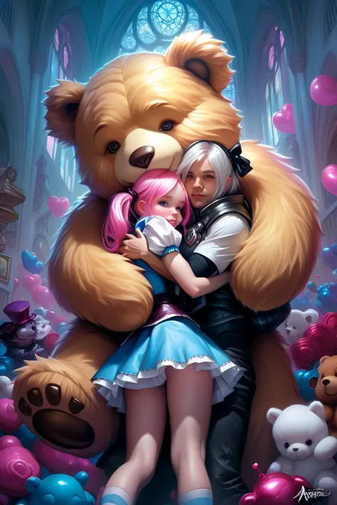 arafed image of a girl hugging a giant teddy bear, annie from league of legends, alice in wonderland cyberpunk, artgerm and rossdraws, alice x. zhang, artgerm and greg rutkowski, artgerm and and greg rutkowski, gothic art, monstergirl, artgerm and james je...