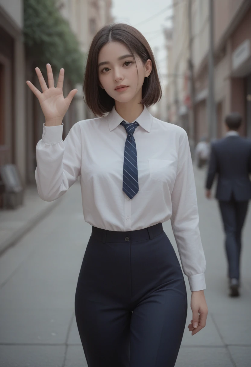 Portrait of a beautiful girl walking in a suit、 office district、Waving over here、