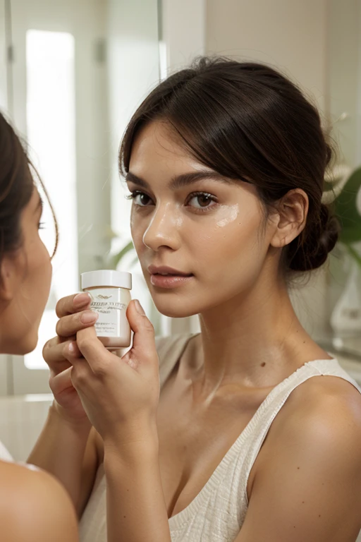 A woman is looking in the mirror while holding a skincare product.