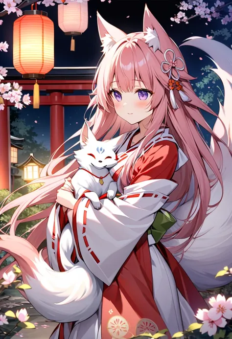 The Embrace of a Shrine Maiden and a Demon Fox, Create a serene watercolor image featuring a gentle night scene at a traditional shrine, The scene showcases a joyful miko (Shinto shrine maiden) hugging a mystical fox spirit (Fox) under the moonlight, The m...