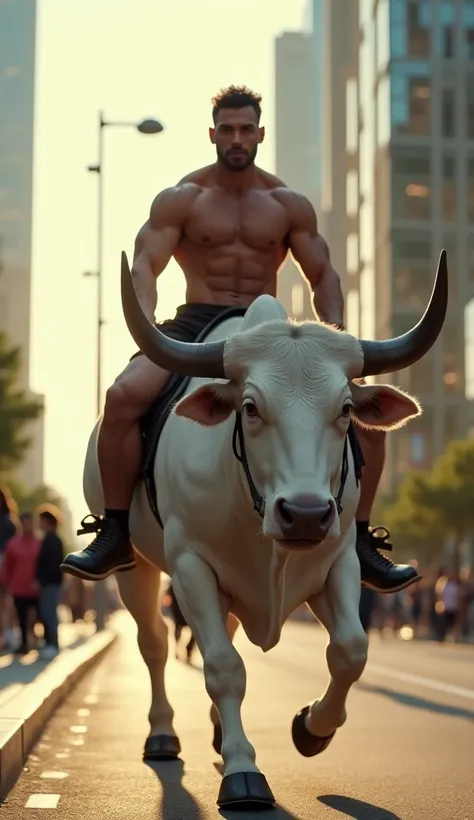 It looks like you've uploaded a screenshot from YouTube Shorts featuring an AI-generated image of a muscular man riding a large white bull in a city setting.  

Here’s a similar AI image prompt for generating something like this:  

**"A muscular man with ...