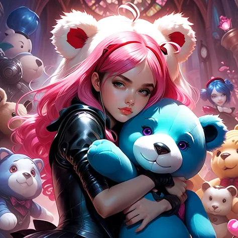 arafed image of a girl hugging a giant teddy bear, annie from league of legends, alice in wonderland cyberpunk, artgerm and rossdraws, alice x. zhang, artgerm and greg rutkowski, artgerm and and greg rutkowski, gothic art, monstergirl, artgerm and james je...