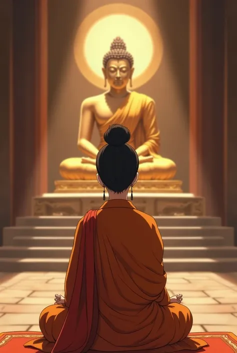 mujer adulta, 30 years would be inside a Buddhist temple, strong, meditating in the middle of a temple in front of a Buddha figure, vista desde arriba , ,  tied hair, Wearing an orange Buddhist costume,  Black hair,  dark brown eyes, serious anime