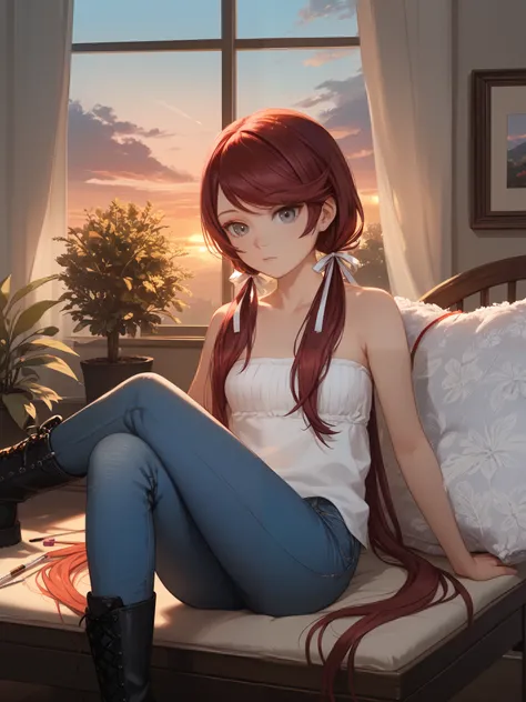 ((Masterpiece, best quality)), Jk, intricate details, 1girl, solo, close up, sitting on wooden chair, knitting pillow case, needles, ((long hair in low twin tails)), gray eyes, dark red hair,  (((long swept bangs))), thin, close up, small breasts, slightly...