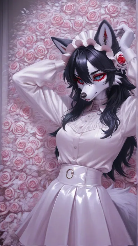 Rose garden, two furry fox girls together, white fur, blue eyes, red eyes, red eye shadow make up,  black long hair, snout, wolf ears, wolfy furry fox (light color:1.4)GBF_style、748cmstyle、32K、 is present、Artistic、 professional lighting、 super detailed、Art...