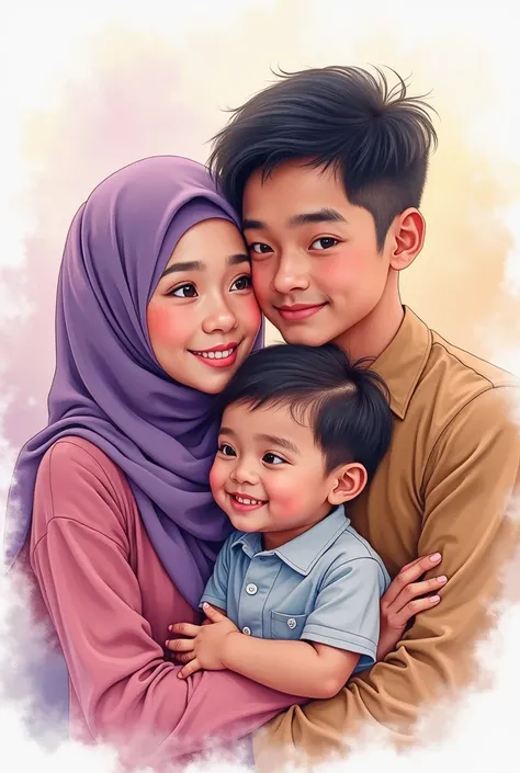 

Prompt 💕
" Splashes of beautiful watercolor , Indonesian sister brother .a 30 year old woman,   a charming young woman 22 the year who wore a soft purple hijab,  handsome young men 23 years and 20 years old , dynamic pose.  blend of soft colors and delic...