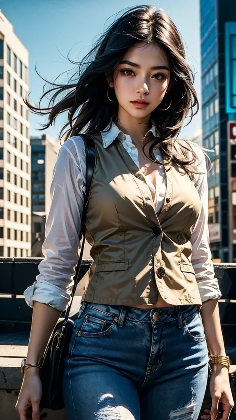  in this ultra realistic 8 K Captures the Essence of Urban Elegance in Masterpieces。 showing a bronzed skin 、 girl with light makeup and messy black hair 。 wearing a white vest and gaping jeans ， background is urban environment ，Skyscraper 。 The front view...