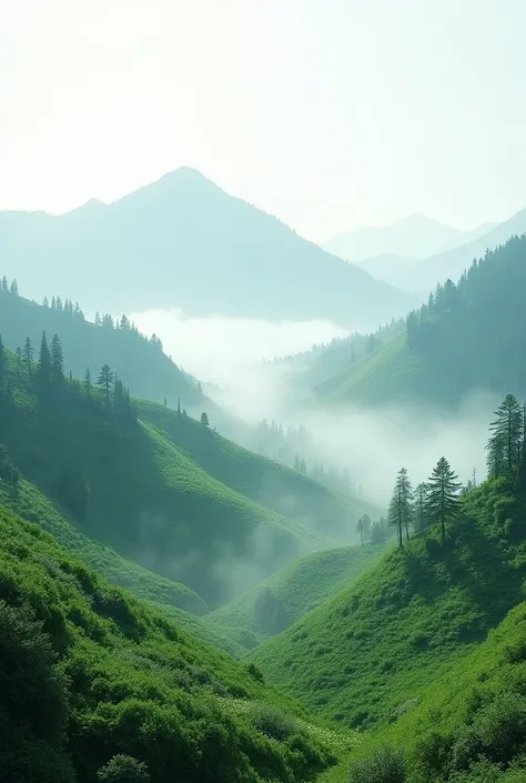 Green mountains with light mist behind 