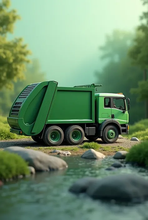 The image is a hyper realistic  outline of a garbage truck logo pop out, various shades of green, earth tones, logo white background 