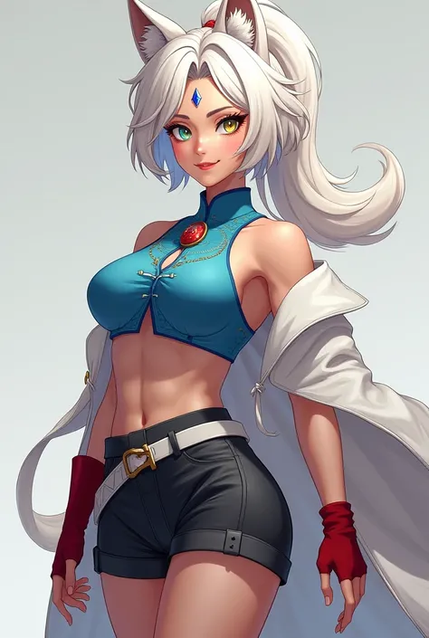 Adult woman, older woman, mature, fantasy, short white hair, long ponytail, wild hair, parted bangs, blue eye, yellow eye, white fox ears, white wolf tail, diamond shaped jewel in forehead, backless blue chinese shirt, design on shirt, white belt, black sh...