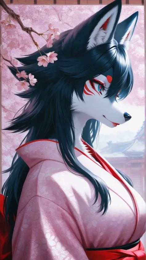 Japan traditional buildings, cherry blossom, two furry fox girls together, two furry fox girl, white fur, blue eyes, red eyes, black long hair, snout, wolf ears, wolfy furry fox (light color:1.4)GBF_style、748cmstyle、32K、 is present、Artistic、 professional l...