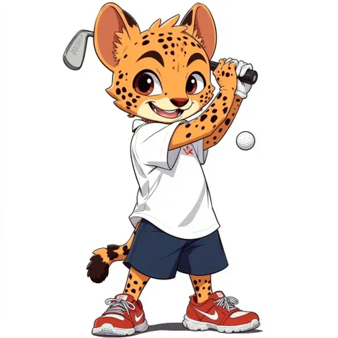 CheetahBoy playing golf, hitting golf ball, white background