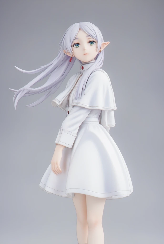 pvcstyle,1girl,frieren,looking at viewer, full body,gray background,white coat and skirt