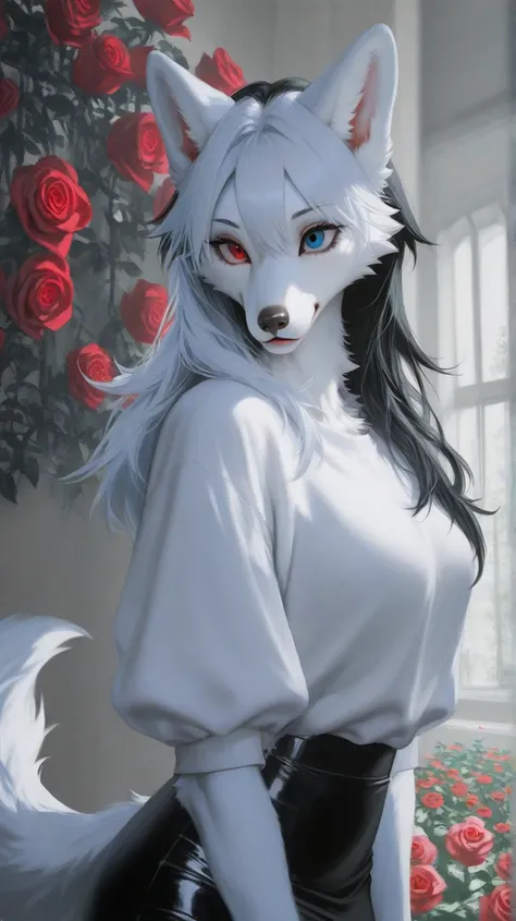 Rose garden, two furry feline girls together, white fur, blue eyes, red eyes,  black long hair, snout, wolf ears, furry cat (light color:1.4)GBF_style、748cmstyle、32K、 is present、Artistic、 professional lighting、 super detailed、Artwork, long hair, flowy hair...