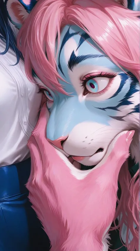 Rose garden, close up, two furry tiger girls together holding each other, female blue eyes, short dark blue hair, blue fur,furry with sexy body, female has pink eyes, pink hair, female with pink fur body, snout, tiger ears (light color:1.4)GBF_style、748cms...