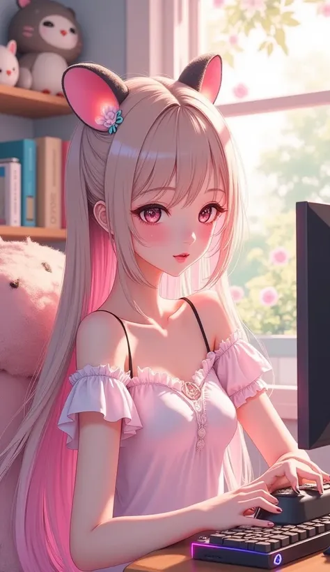  high image quality、Beautiful girl with hamster ears、 long hair、 Hair、 pink tips、Game Streaming、room、anime、room着