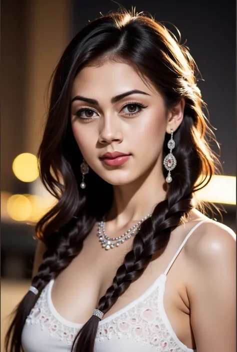 Portrait of a young woman with long dark hair. she is wearing a white tank top and has a necklace and earrings around her neck. her hair is styled in a fishtail braid and she is looking directly at the camera with a serious expression. the background is bl...