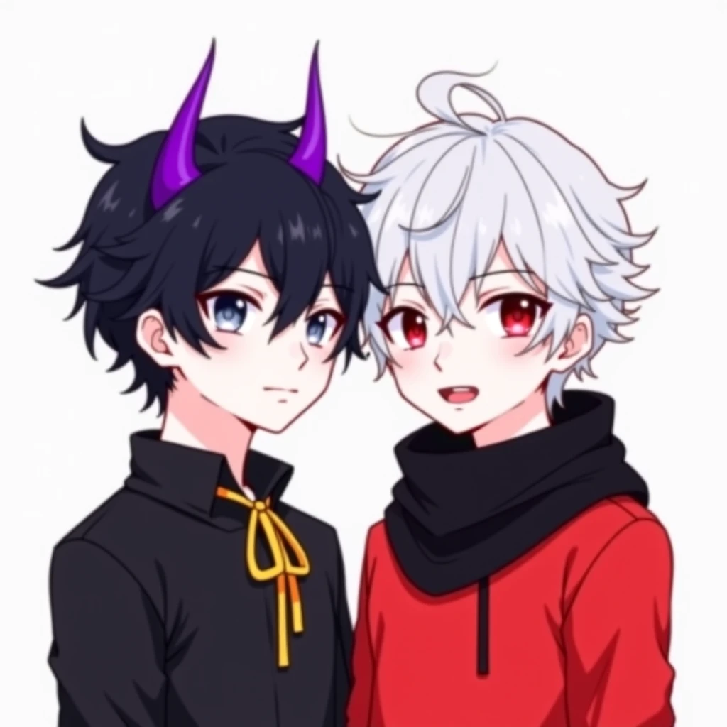  Create a 19-year-old anime boy with black hair who wears purple on the ends of his hair, who wears purple horns ,  gray eyes,  white skin, black shirt that wears a yellow ribbon around the collar and that at the same time there is another 20-year-old anim...