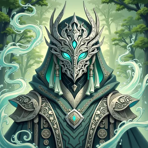 create a medium shot image, anime style, of a fantasy archdruid with a mask that covers entire head with seafoam color magic