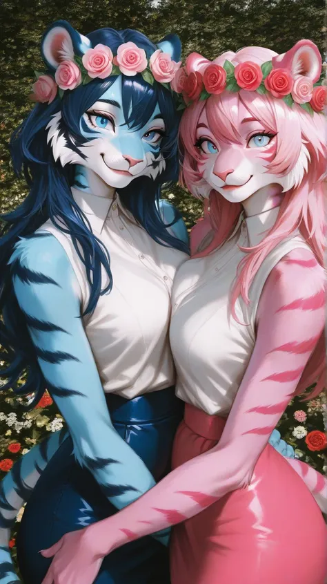 Rose garden, smiling, two furry tiger girls together holding each other, female blue eyes, short dark blue hair, blue fur,furry with sexy body, female has pink eyes, pink hair, female with pink fur body, snout, tiger ears (light color:1.4)GBF_style、748cmst...