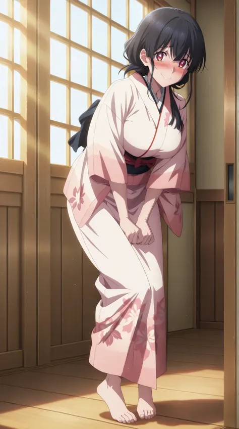 anime - style illustration of a woman in a kimono, anime character, official character art, full body, female anime girl, (black hair:1.5), in the Japanese classic room, looking at viewer, (Embarrassed expression:1.3), blush:1.5, (smile:1.5), (daylight:1.5...