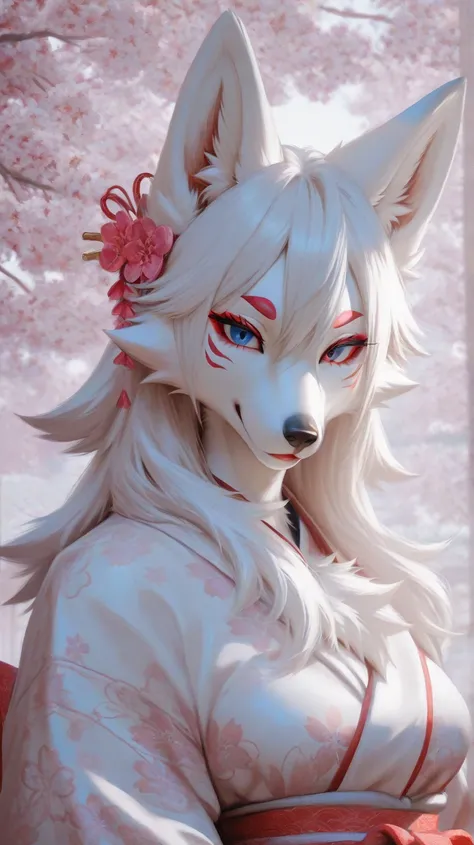 Japan traditional buildings, cherry blossom, two furry fox girls together, two furry fox girl, two female furry, white fur, blue eyes, red eyes, white fur,black long hair, snout, wolf ears, wolfy furry fox (light color:1.4)GBF_style、748cmstyle、32K、 is pres...