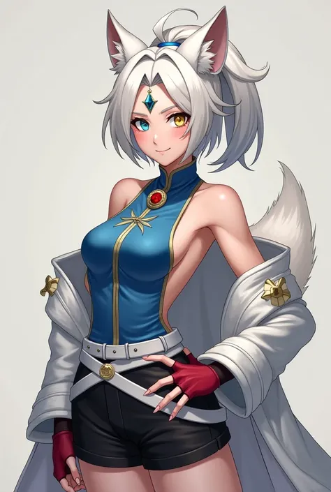 Adult woman, older woman, mature, fantasy, short white hair, long ponytail, wild hair, parted bangs, blue eye, yellow eye, white fox ears, white wolf tail, diamond shaped jewel in forehead, backless blue chinese shirt, design on shirt, white belt, black sh...