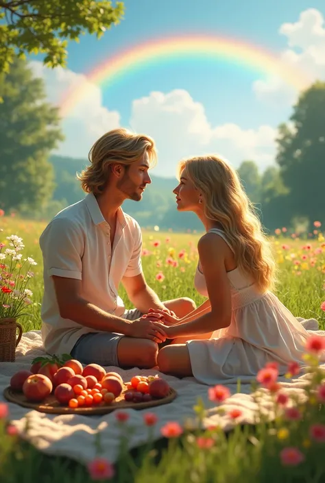 Beautiful blooming meadow beautiful tree man young blond hair girl model blonde hair looking at each other open eyes summer peaches grapes lie on a blanket picnic romance masterpiece highest quality realism in detail amazingly beautiful rainbow in the dist...