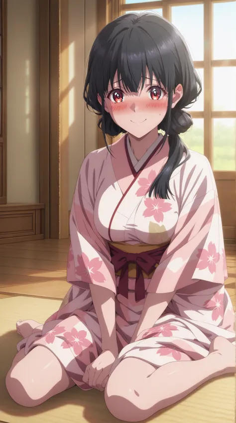 anime - style illustration of a woman in a kimono, anime character, official character art, full body, female anime girl, (black hair:1.5), in the Japanese classic room, looking at viewer, (Embarrassed expression:1.3), blush:1.5, (smile:1.2), (daylight:1.5...