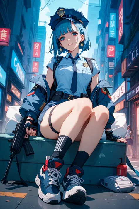 Cyberpunk RED characters。Night city at night。blue-haired twin-tailed female police officer。Hold a submachine gun in one hand。Cyberware with both legs prosthetic。